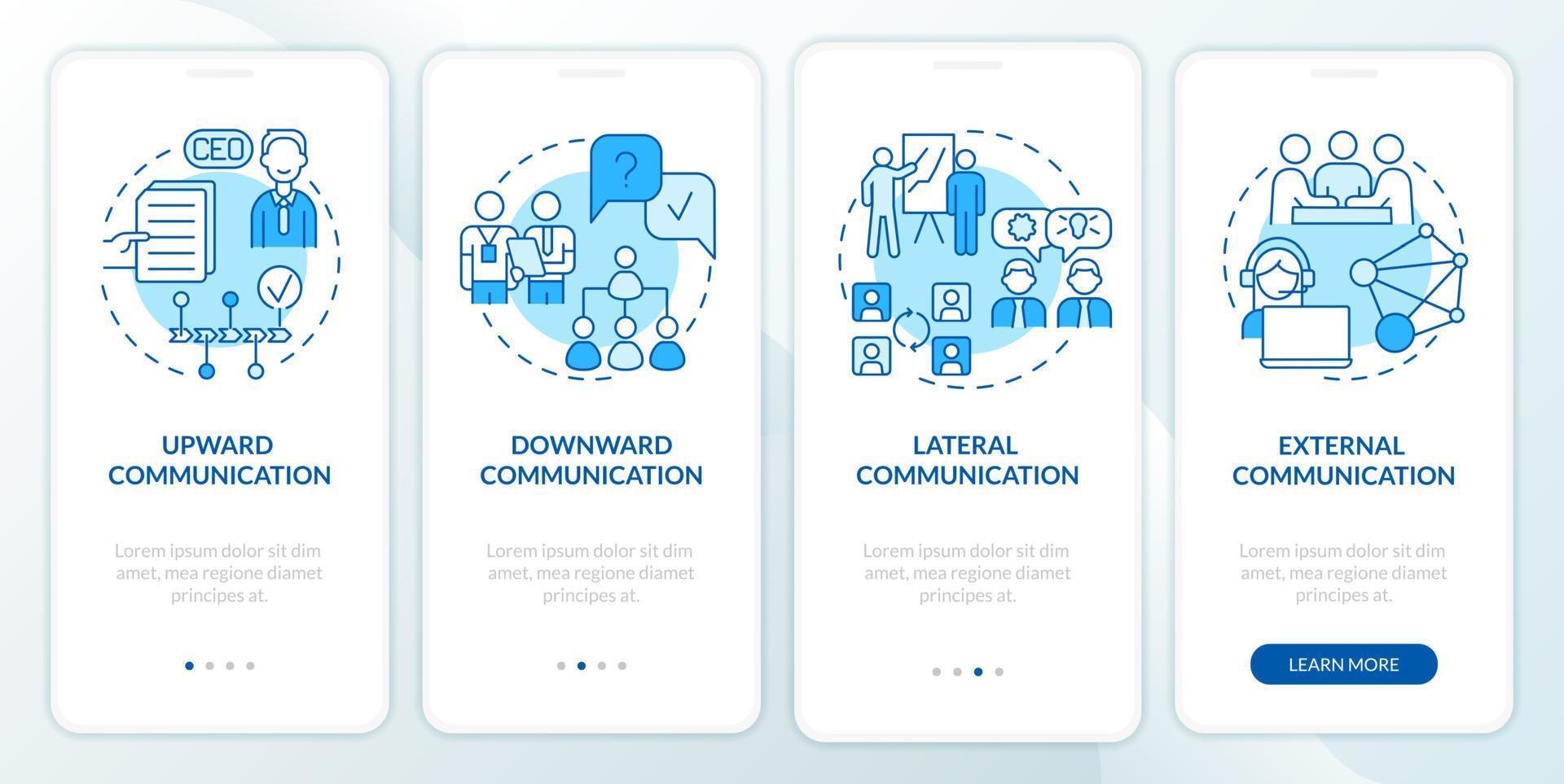 types de communication professionnels écran d'application mobile d'intégration bleu. pages d'instructions graphiques en 4 étapes avec des concepts linéaires. ui, ux, modèle d'interface graphique. myriade de polices pro-gras régulières utilisées vecteur