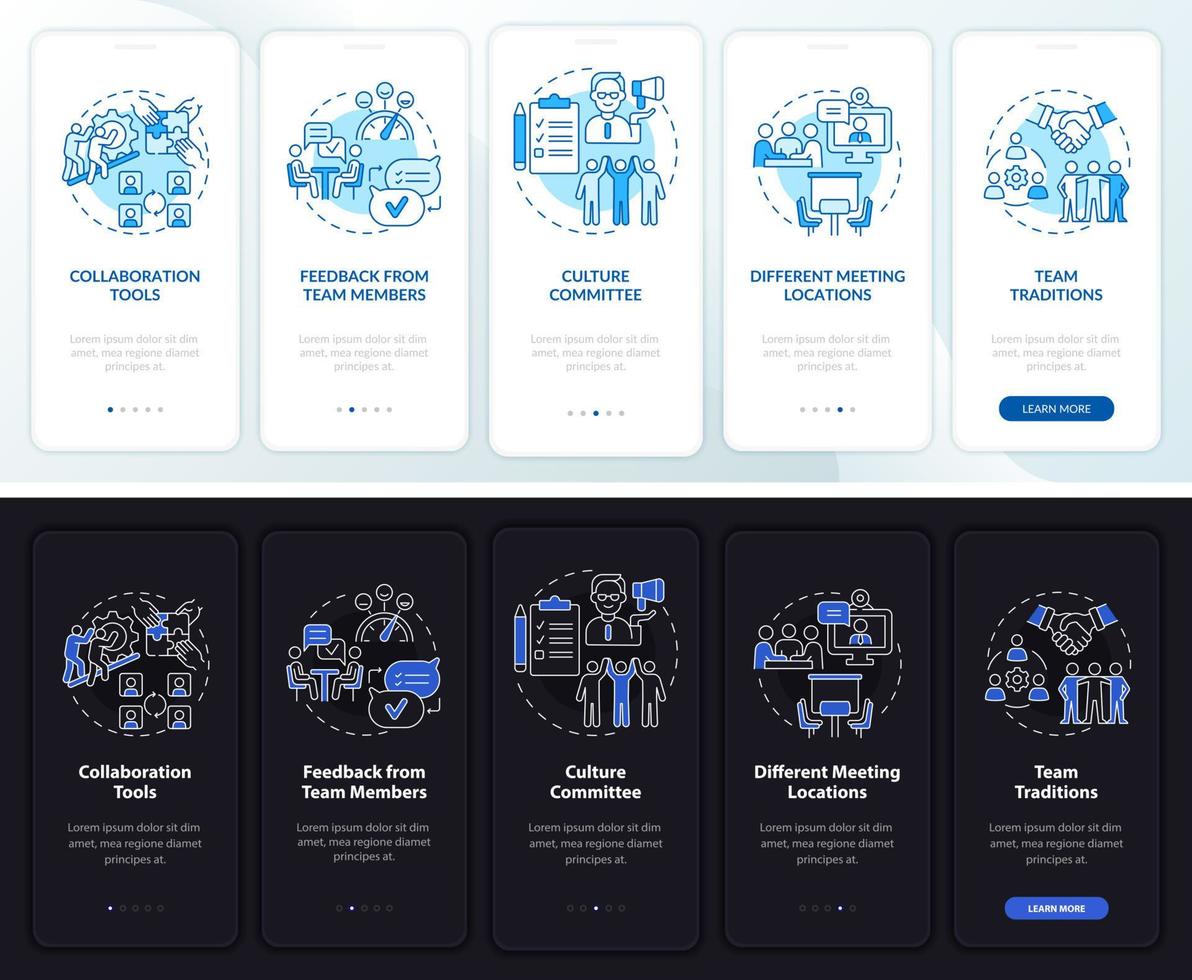 conseils de travail d'équipe écran d'application mobile d'intégration en mode nuit et jour. succès pas à pas 5 étapes pages d'instructions graphiques avec des concepts linéaires. ui, ux, modèle d'interface graphique. myriade de polices pro-gras régulières utilisées vecteur