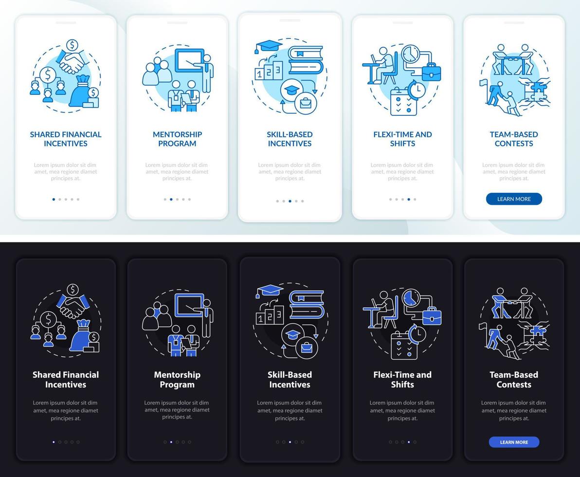 incitations au travail d'équipe écran d'application mobile d'intégration en mode nuit et jour. conseils pas à pas pages d'instructions graphiques en 5 étapes avec des concepts linéaires. ui, ux, modèle d'interface graphique. myriade de polices pro-gras régulières utilisées vecteur