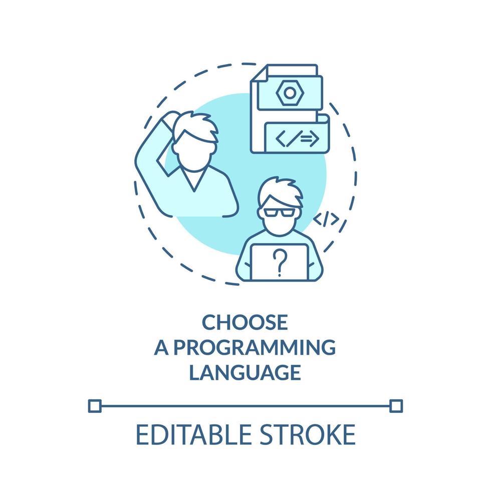 choisissez une icône de concept turquoise de langage de programmation. illustration de ligne mince d'idée abstraite de codage de logiciel. dessin de contour isolé. trait modifiable. roboto-medium, une myriade de polices pro-gras utilisées vecteur
