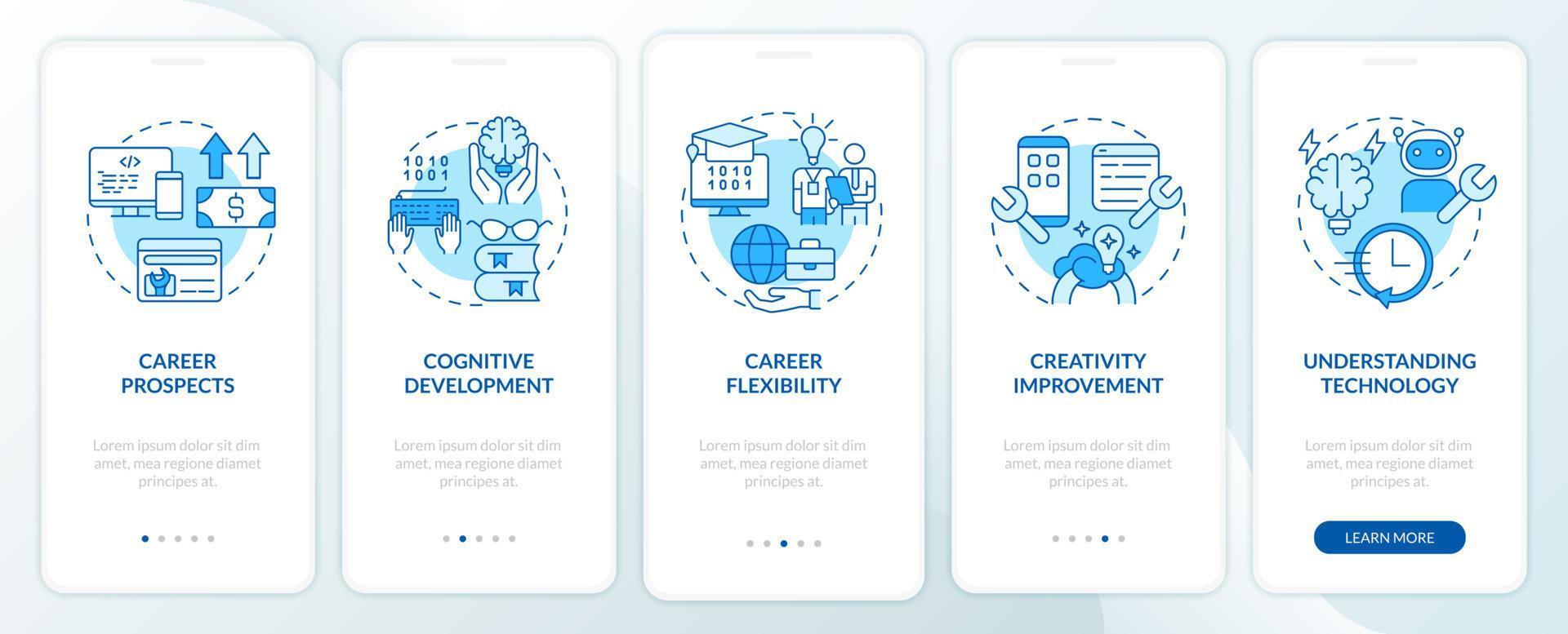 pourquoi apprendre à coder l'écran de l'application mobile d'intégration bleue. pas à pas du codeur pages d'instructions graphiques en 5 étapes avec des concepts linéaires. ui, ux, modèle d'interface graphique. une myriade de polices pro-gras régulières utilisées vecteur