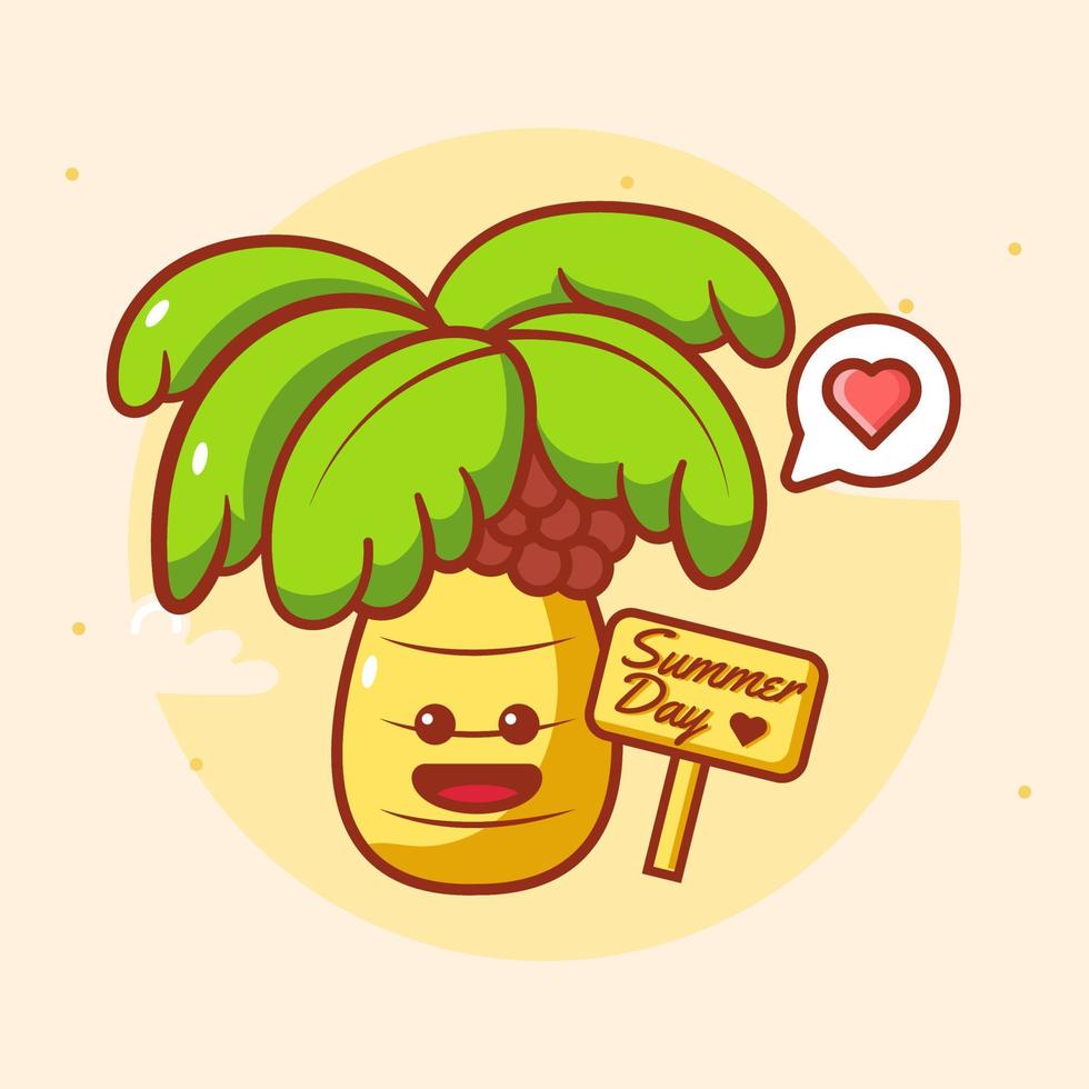 kawaii cartoon cocotier avec une expression heureuse célébrant l'été avec amour vecteur