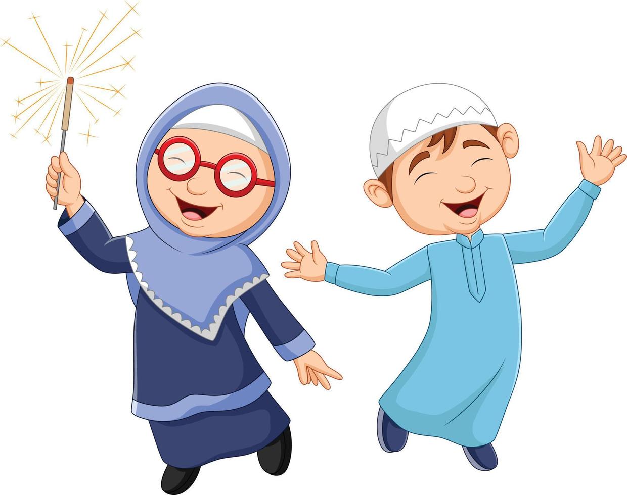 dessin animé heureux enfant musulman sur fond blanc vecteur