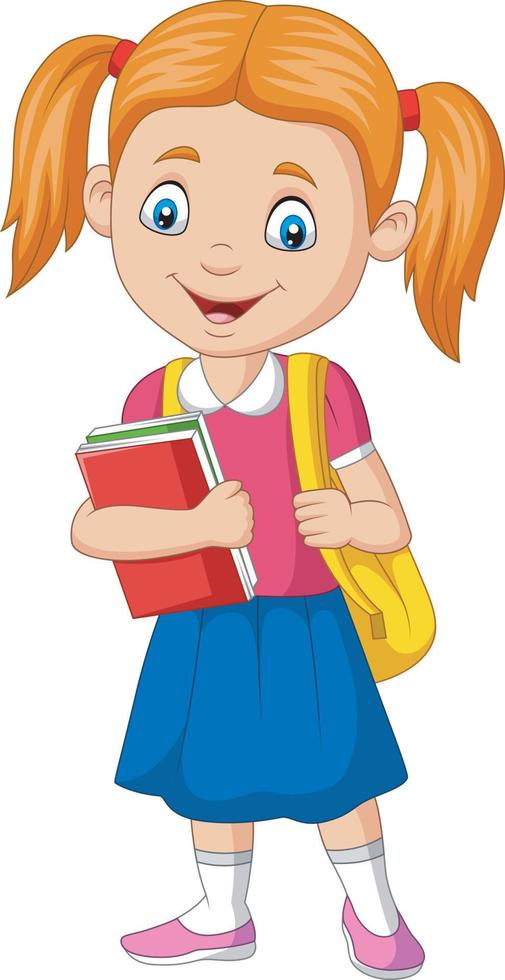 dessin animé heureux écolière portant livre et sac à dos vecteur