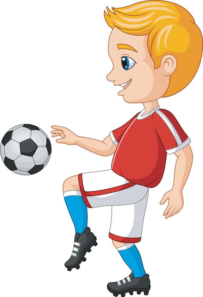 dessin animé petit garçon jouant au football sur fond blanc vecteur