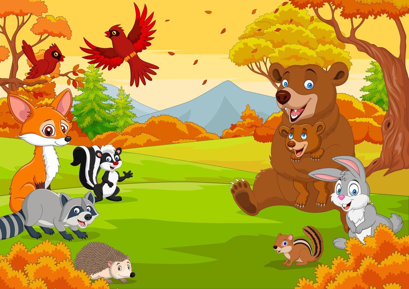 dessin animé d'animaux sauvages dans la forêt d'automne vecteur