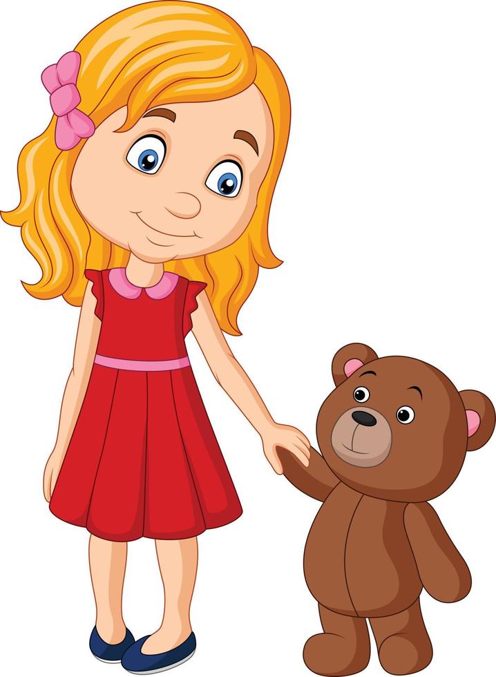 dessin animé petite fille avec ours en peluche tenant la main ensemble vecteur