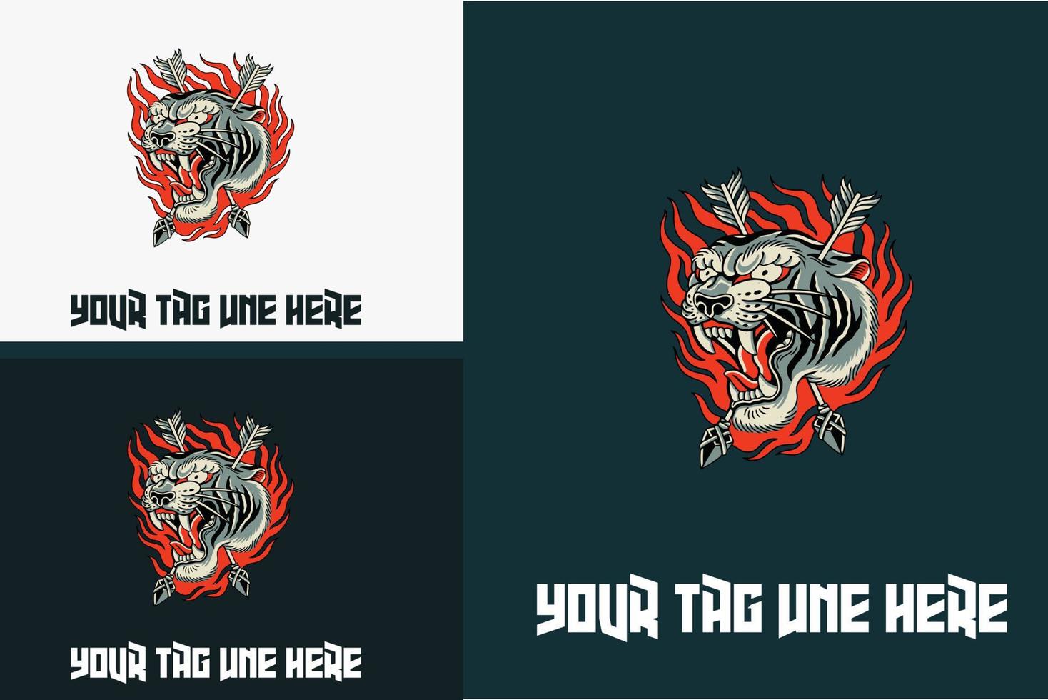 création de logo de tête de tigre en colère contre l'illustration vectorielle de flèche vecteur