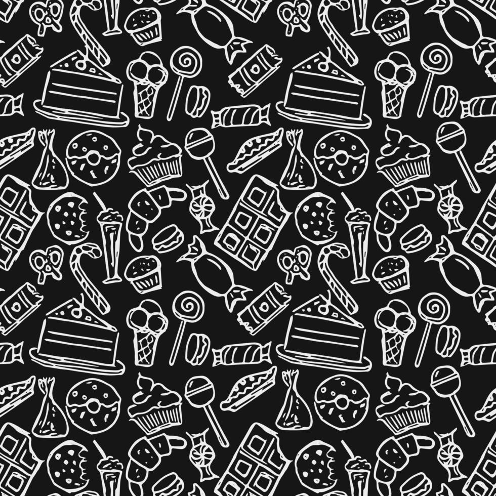 modèle sans couture avec des bonbons. vecteur de doodle avec des icônes de bonbons sur fond noir. illustration de bonbons vintage, fond d'éléments sucrés pour votre projet, menu, boutique de café