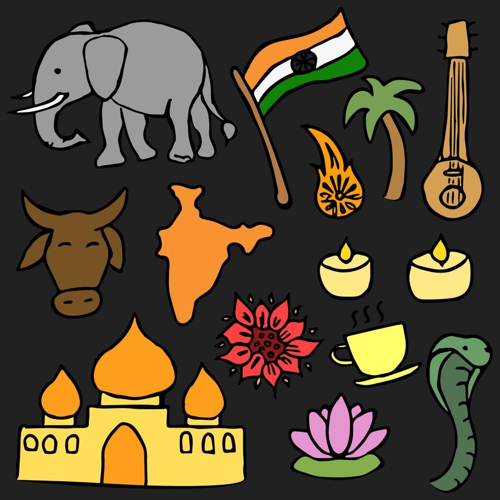 icônes vectorielles indiennes colorées. fond avec des icônes indiennes doodle. vous pouvez l'utiliser comme arrière-plan pour une carte de mariage ou un message d'accueil vecteur