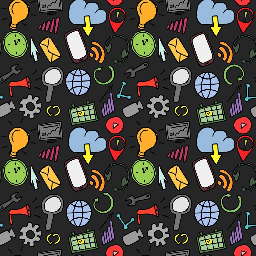 motif de doodle sans couture coloré avec des icônes de jeu d'affaires et de technologie. vecteur de doodle avec des icônes d'affaires sur fond sombre. icônes de technologie vintage, fond d'éléments doux pour votre projet