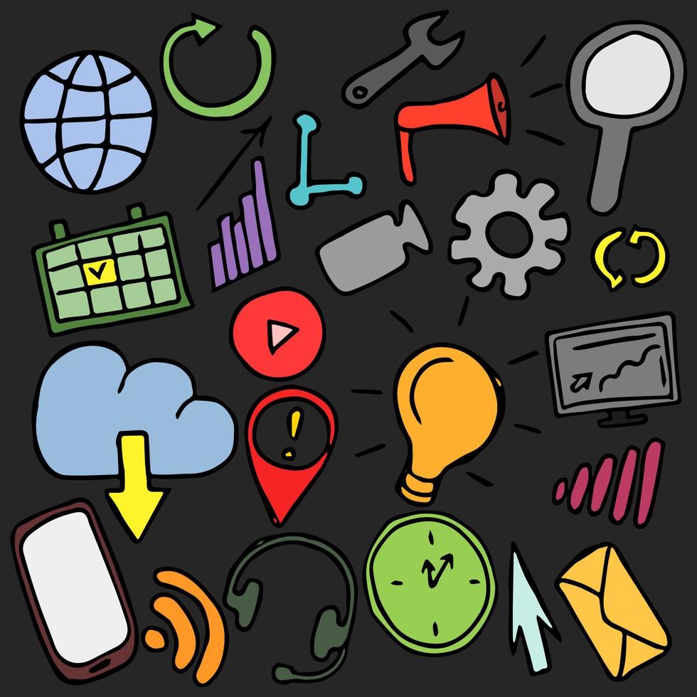 icônes de jeu d'affaires et de technologie colorées. vecteur de doodle avec des icônes d'affaires et de technologie sur fond sombre. icônes d'affaires vintage, fond d'éléments doux pour votre projet