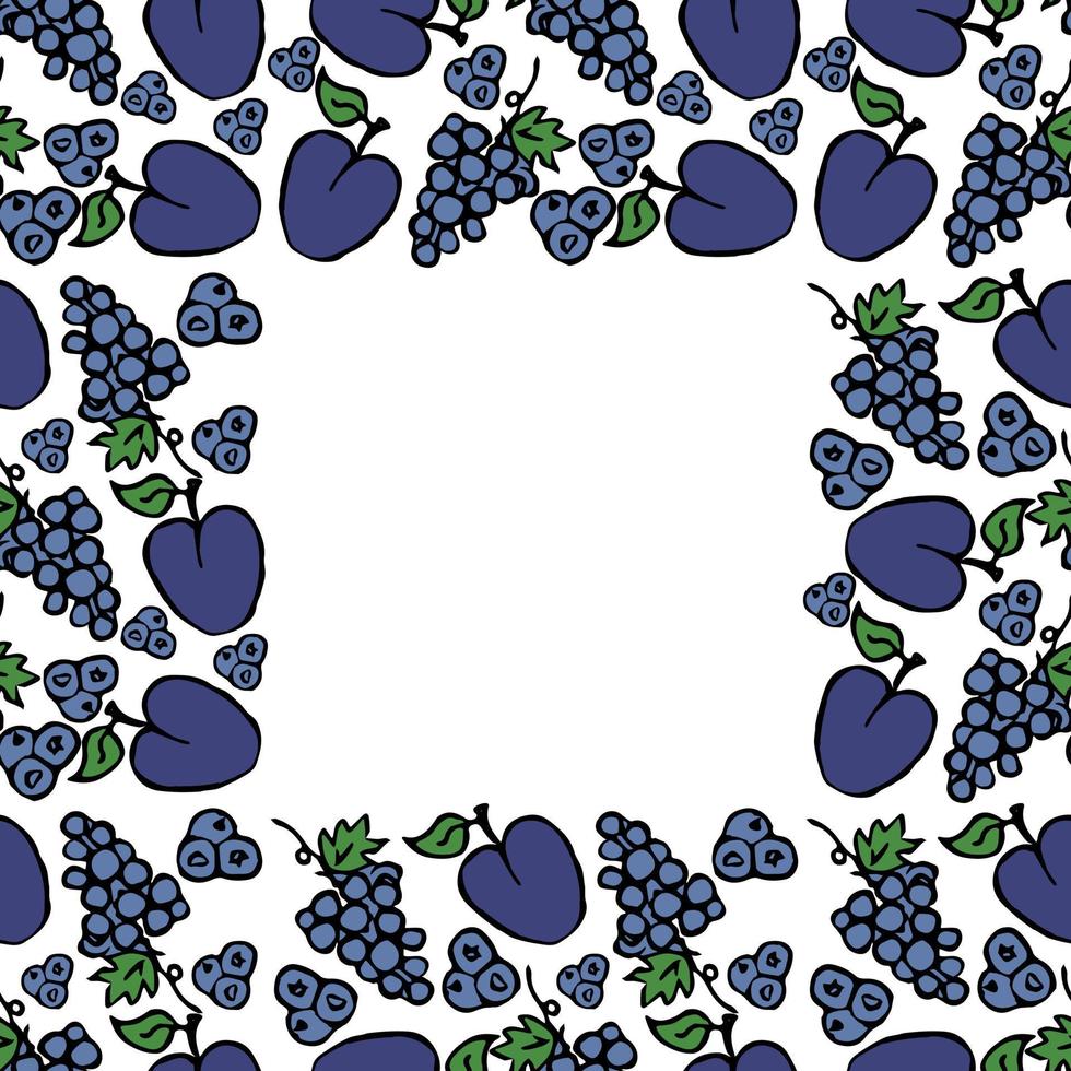 raisin et prune sur fond blanc. icônes vectorielles de nourriture. motif transparent coloré avec des icônes de fruits bleus vecteur