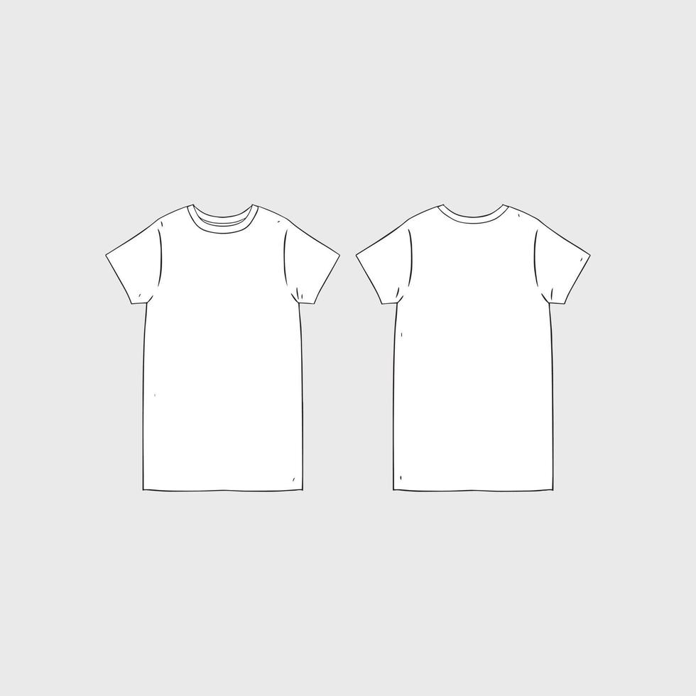 illustration vectorielle dessinée à la main du modèle de conception de robe de t-shirt à manches courtes pour femmes vierges. côtés de chemise avant et arrière. vecteur