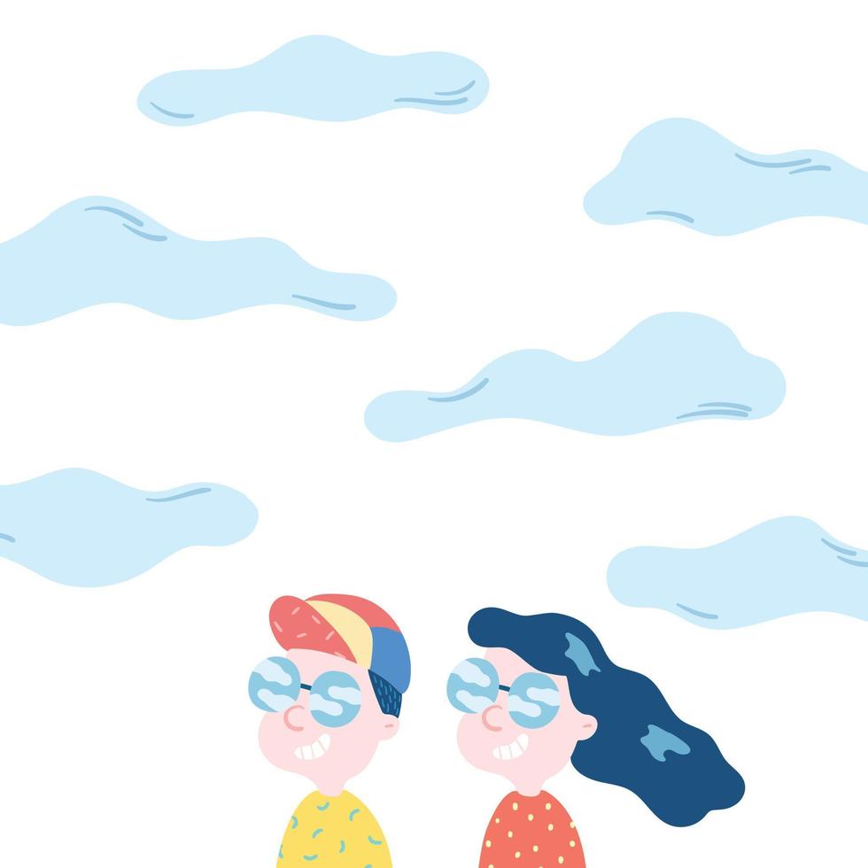 illustration vectorielle dessinée à la main d'un homme et d'une femme heureux souriant sur fond de ciel. jeune couple adulte portant des lunettes de soleil avec nuage de réflexion dans les verres. vecteur