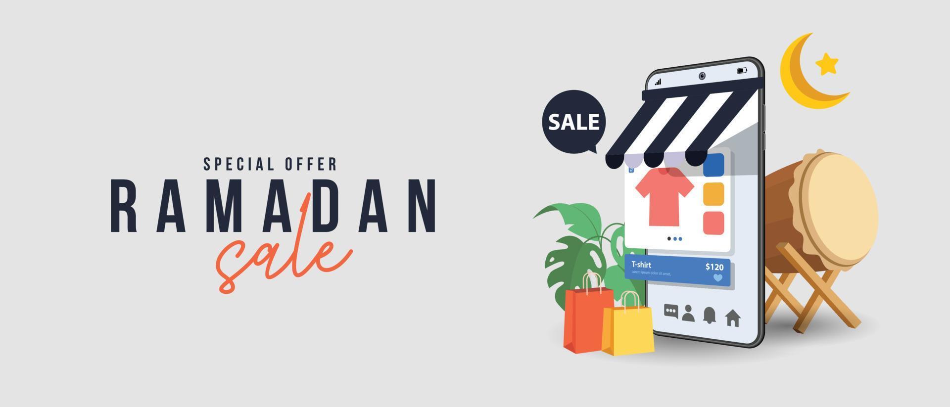 vente de ramadan, conception d'en-tête web avec festival islamique pour bannière, affiche, arrière-plan, dépliant, illustration, brochure et arrière-plan de vente vecteur