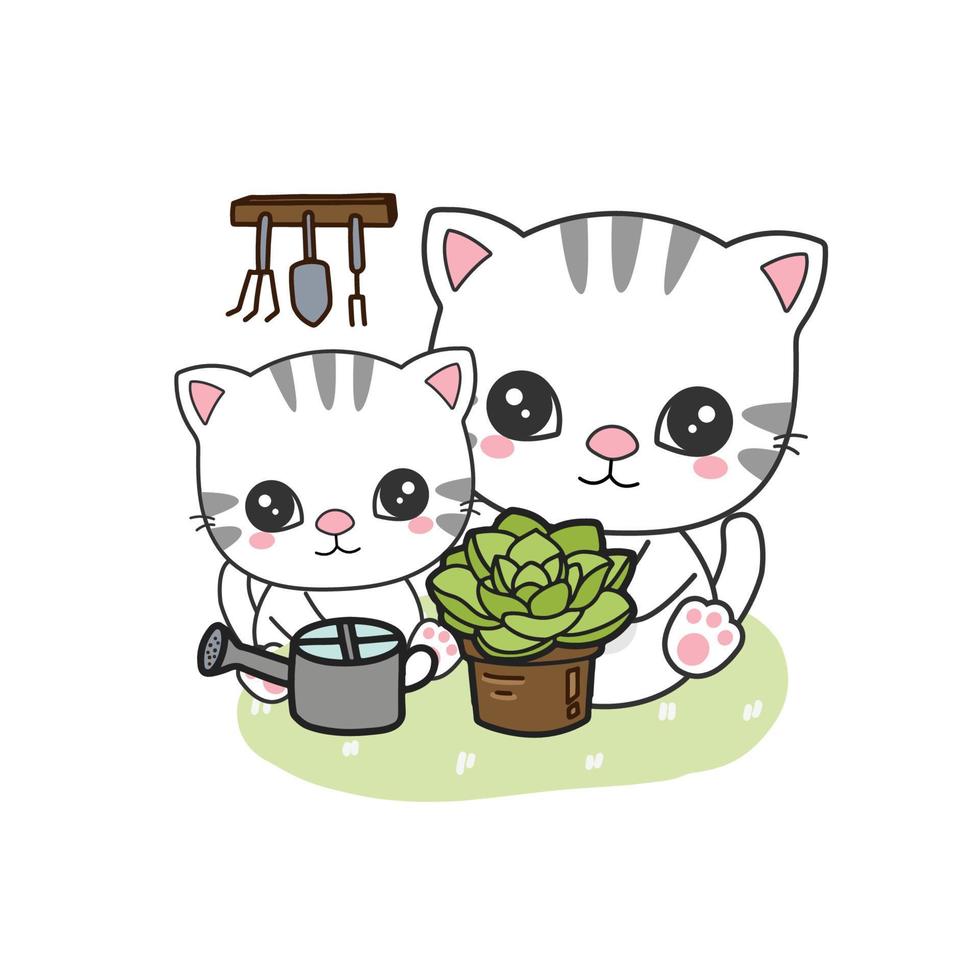 maman de chat et bébé plantant un personnage de dessin animé garden.cute. vecteur