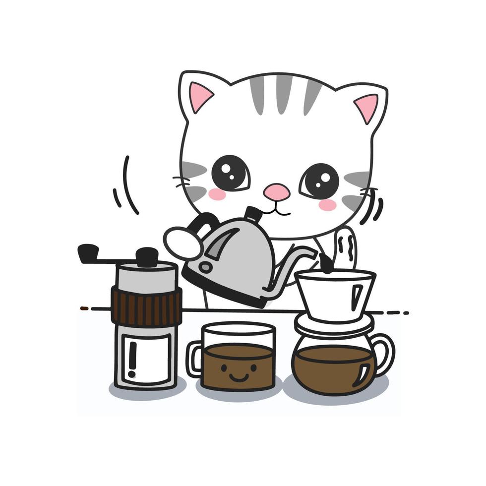 chat mignon faisant du café dessin animé, illustration vectorielle vecteur