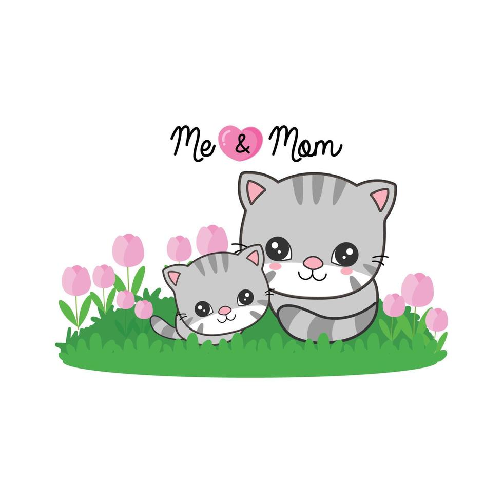 chat maman et bébé sur le champ de fleurs. pour la carte de voeux de la fête des mères. vecteur