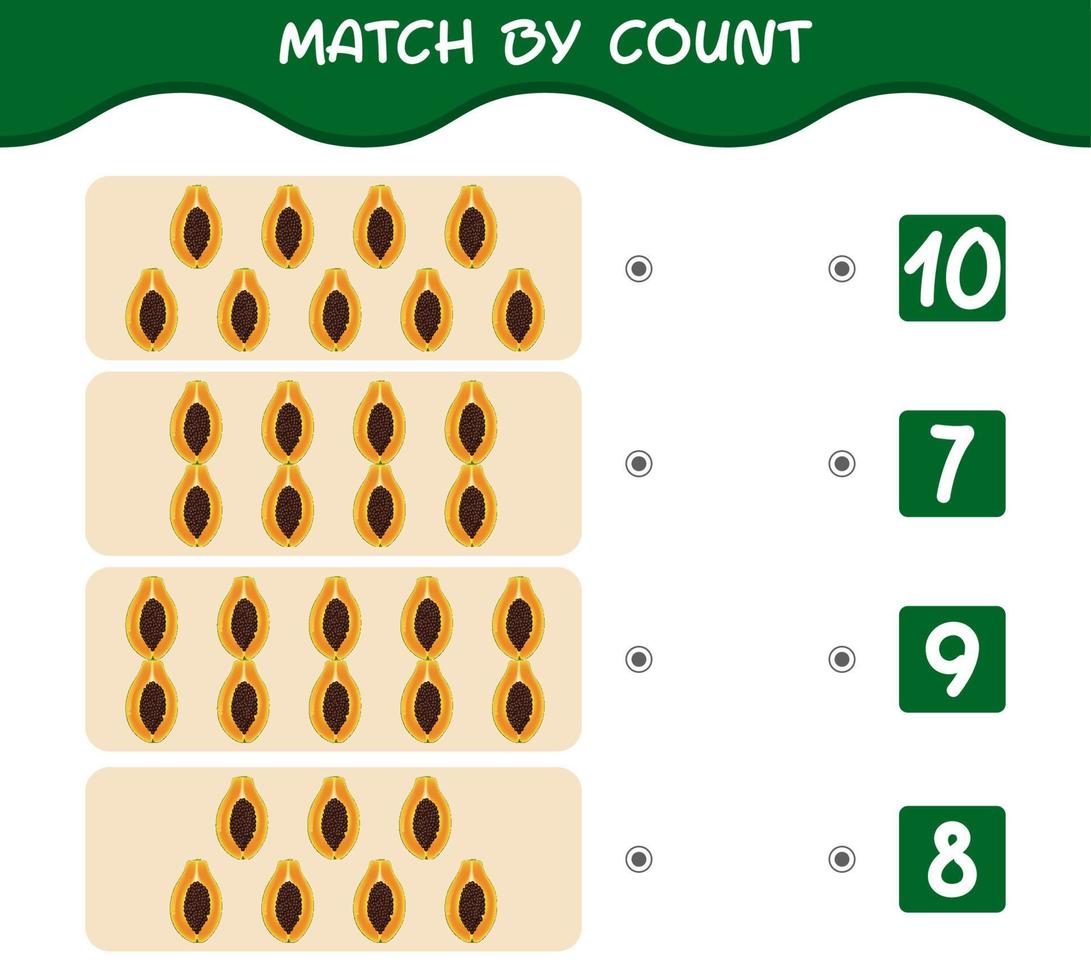 match par nombre de papayes de dessin animé. match et jeu de comptage. jeu éducatif pour les enfants d'âge préscolaire et les tout-petits vecteur