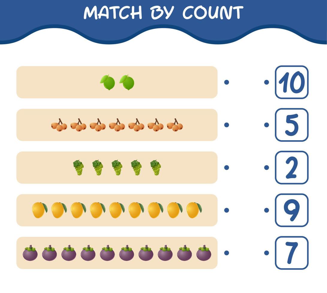 match par nombre de fruits de dessin animé. match et jeu de comptage. jeu éducatif pour les enfants d'âge préscolaire et les tout-petits vecteur