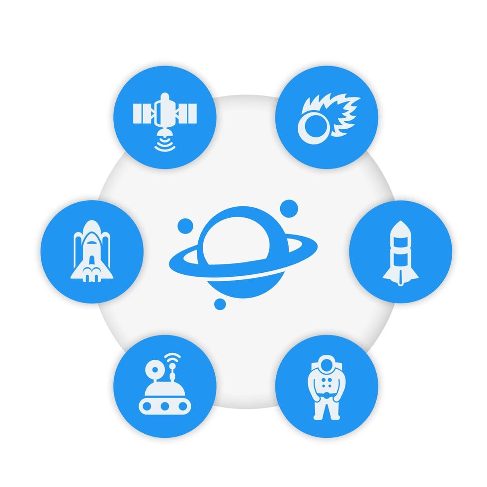 icônes spatiales, satellite, comète, astronaute, navette, pictogrammes vectoriels planète vecteur