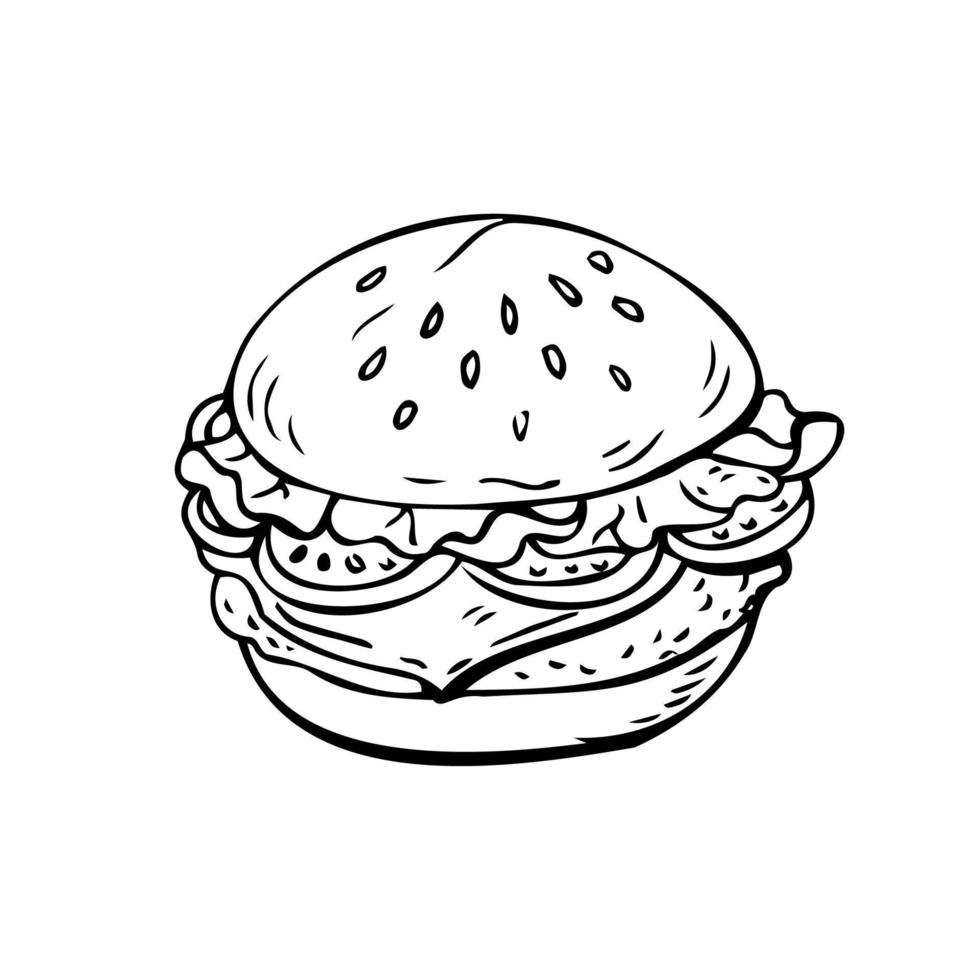 American burger hamburger fines lignes noires sur fond blanc - vecteur