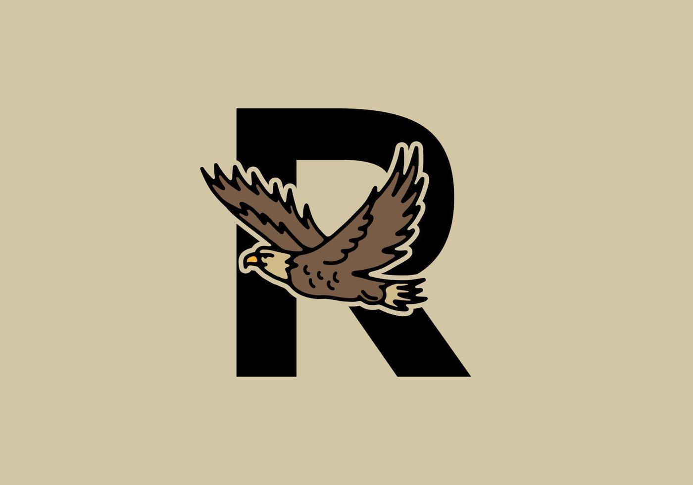 illustration d'art en ligne d'aigle volant avec lettre initiale r vecteur