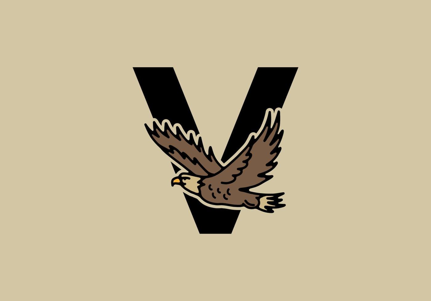 illustration d'art en ligne d'aigle volant avec lettre initiale v vecteur