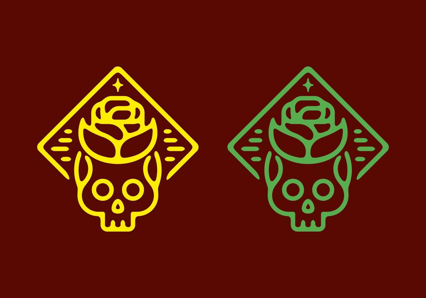 illustration d'art en ligne de tête de crâne et fleur rose couleur verte et jaune vecteur