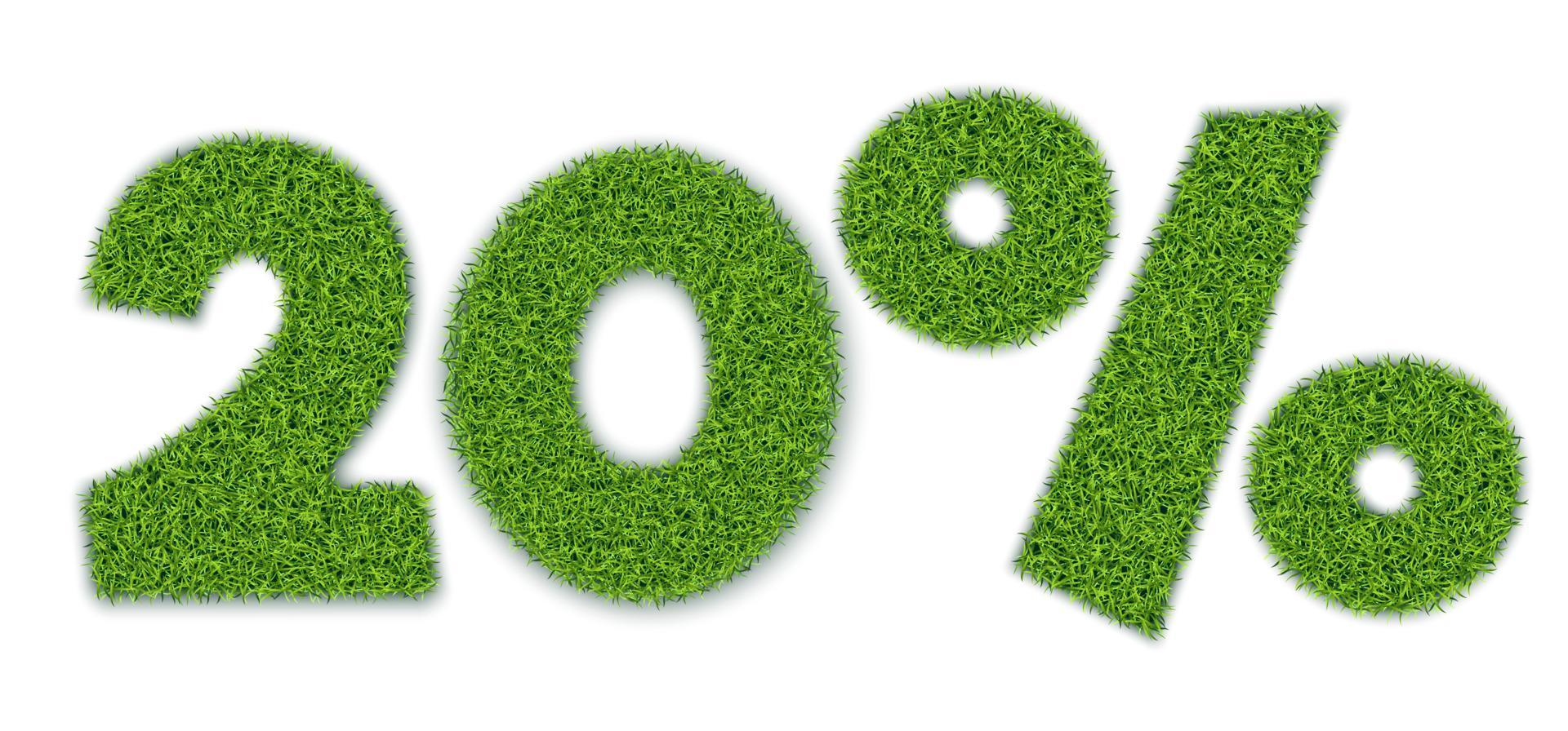20 pour cent de formes avec une texture d'herbe de jardin. vente saisonnière. bannière pour la publicité. Style réaliste 3D. séparer sur un fond blanc. vecteur. vecteur