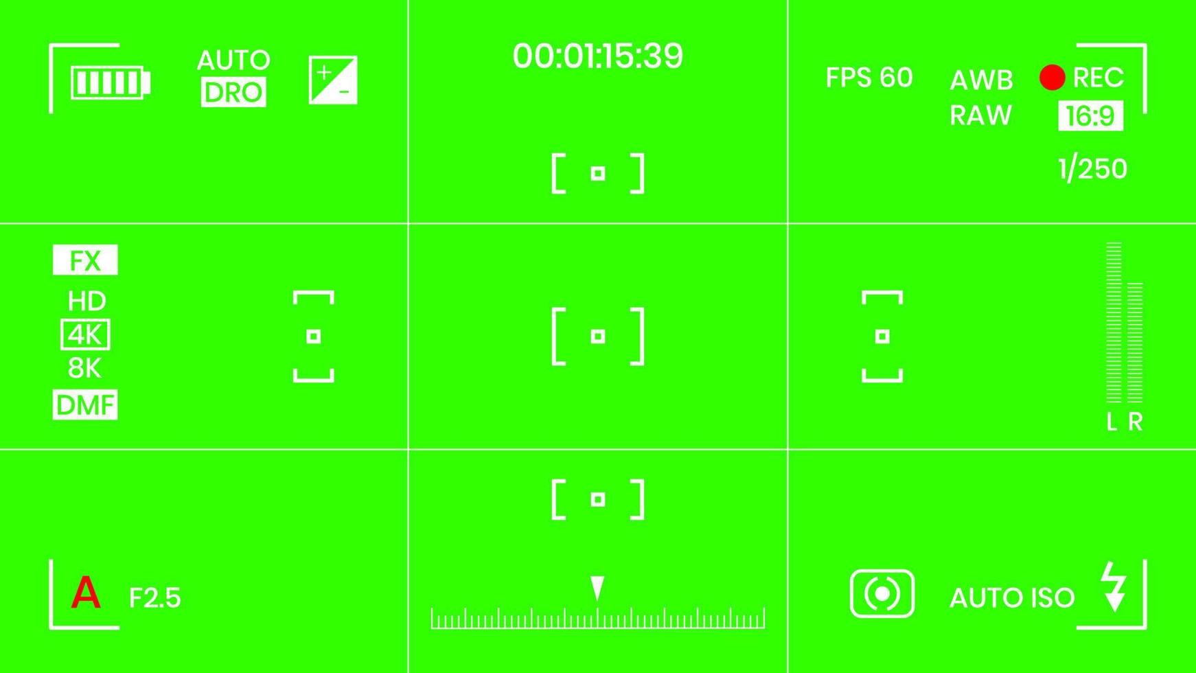 couleur verte chroma key caméra rec cadre viseur superposition fond écran plat style design illustration vectorielle. superposition de caméra à écran vfx chroma key concept d'arrière-plan abstrait pour les séquences vidéo vecteur