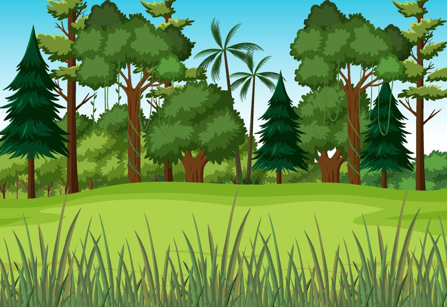 scène avec de l'herbe verte dans la forêt vecteur