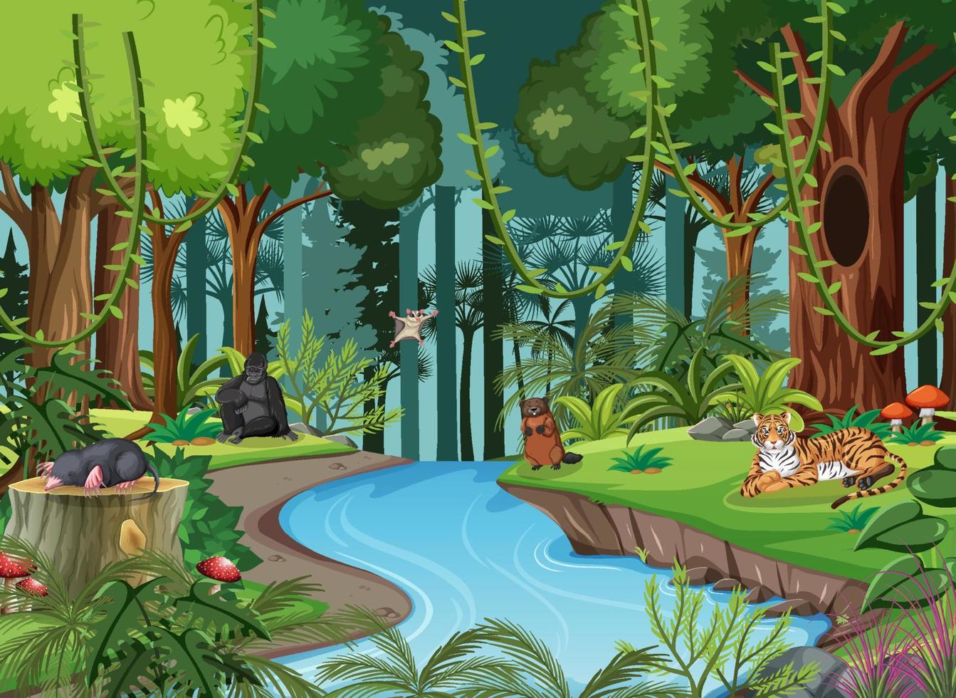 personnages de dessins animés d'animaux sauvages dans la scène de la forêt vecteur