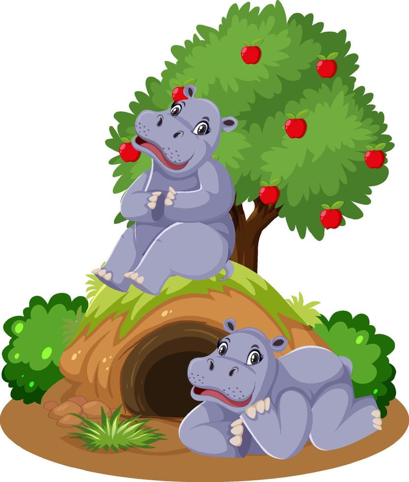 deux hippopotames avec terrier vecteur