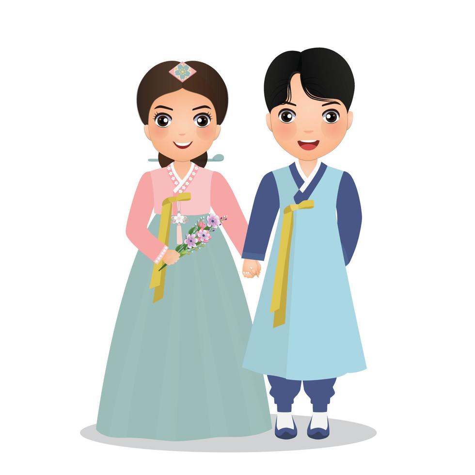 joli couple en costume de hanbok traditionnel personnage de dessin animé de corée du sud. illustration vectorielle. vecteur