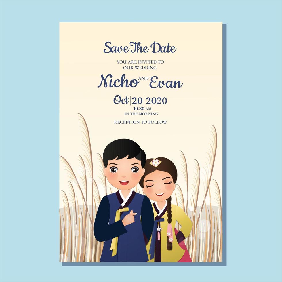 carte d'invitation de mariage la mariée et le marié joli couple en robe hanbok traditionnelle c personnage de la corée du sud. illustration vectorielle. vecteur