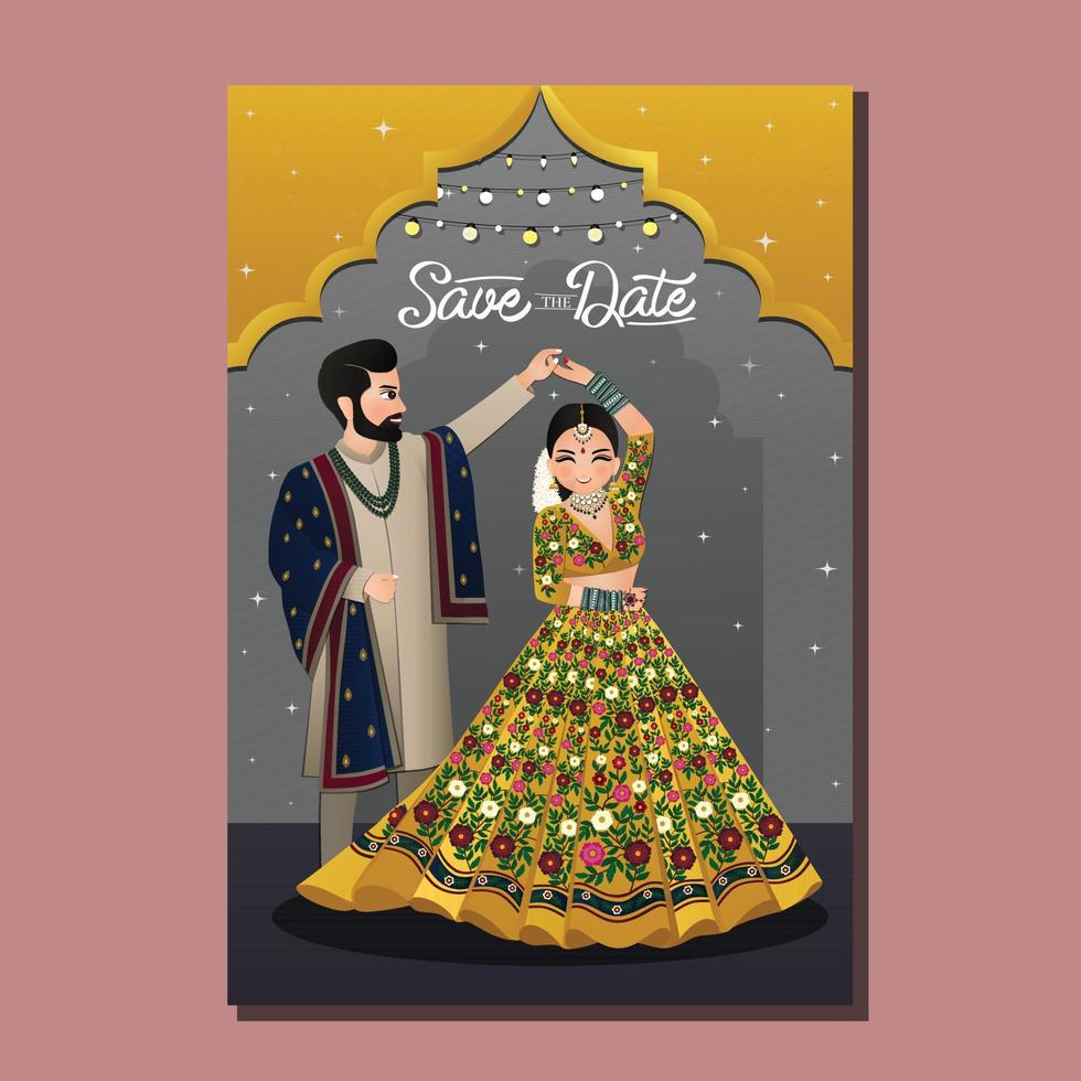 joli couple en personnage de dessin animé de robe indienne traditionnelle. carte d'invitation de mariage romantique vecteur