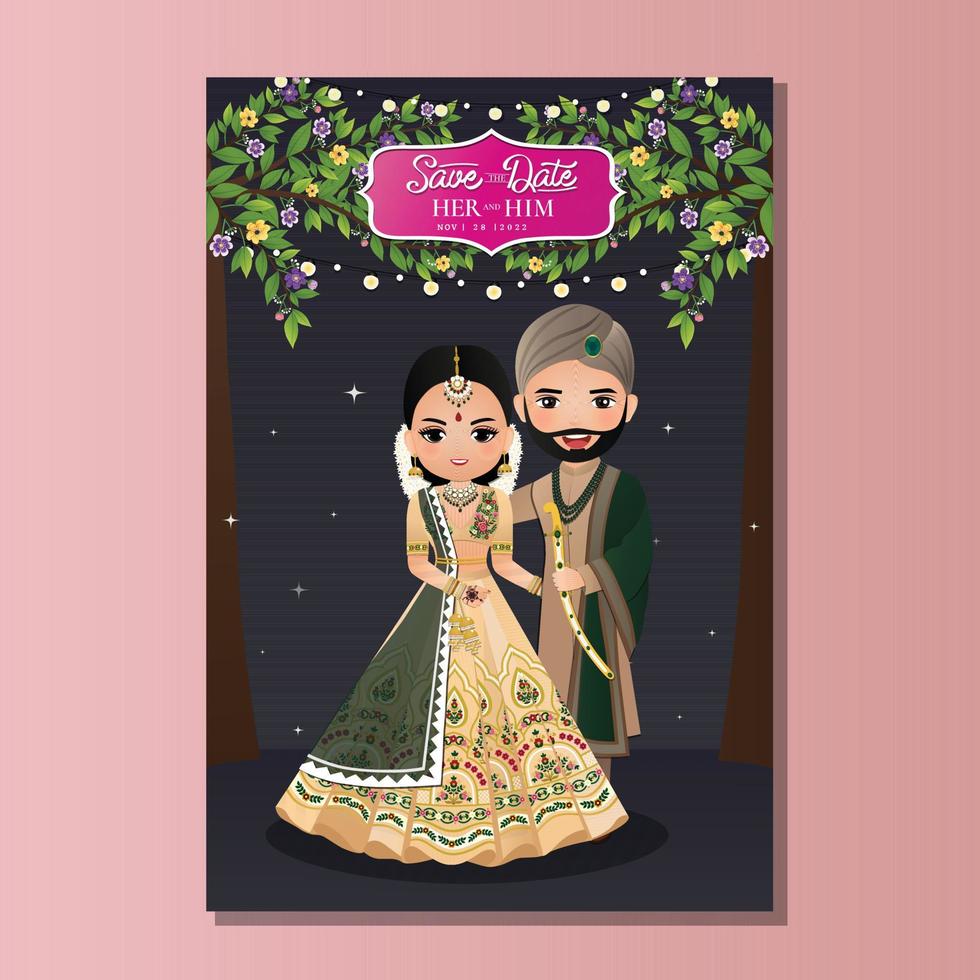 joli couple en personnage de dessin animé de robe indienne traditionnelle. carte d'invitation de mariage romantique vecteur