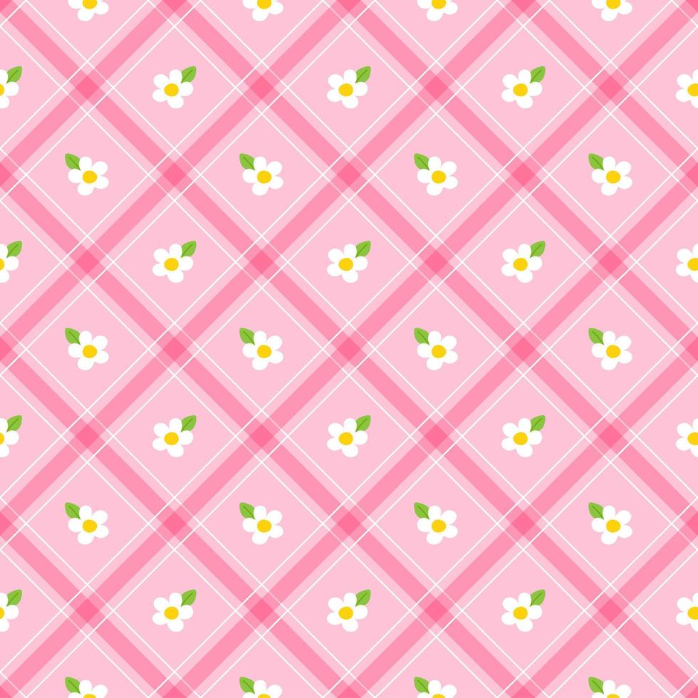 mignon blanc marguerite fleur feuille élément rose vert rayure diagonale rayé ligne inclinaison damier plaid tartan buffle scott vichy motif illustration papier d'emballage, tapis de pique-nique, nappe, écharpe vecteur