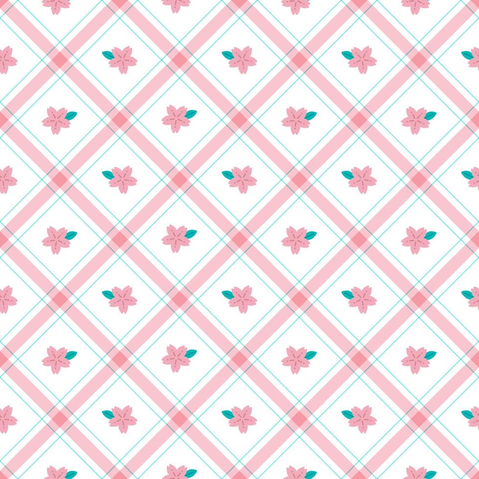 mignon sakura feuille élément rose bleu rayure diagonale rayé ligne inclinaison damier plaid tartan buffle scott vichy motif illustration papier d'emballage, tapis de pique-nique, nappe, écharpe vecteur