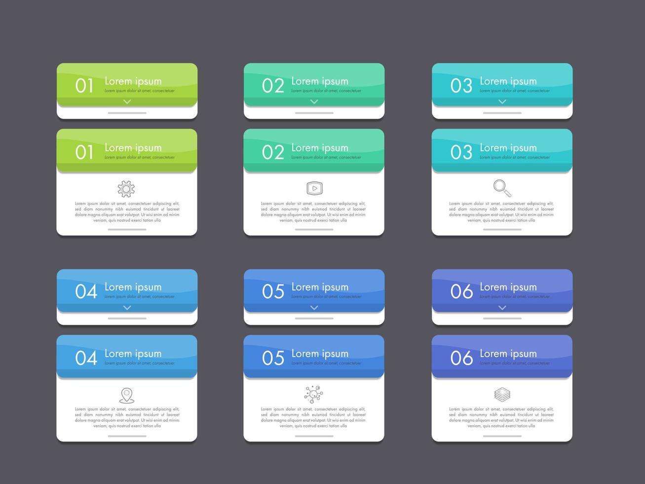 infographie vectorielle 6 options avec concept minimal, design plat. l'en-tête du sujet principal et la description de l'en-tête d'explication. élément d'interface utilisateur vecteur