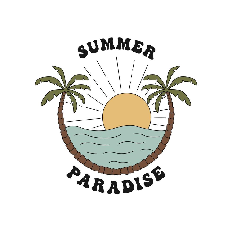 paradis d'été. palmiers, mer et soleil. un badge dessiné à la main. vecteur