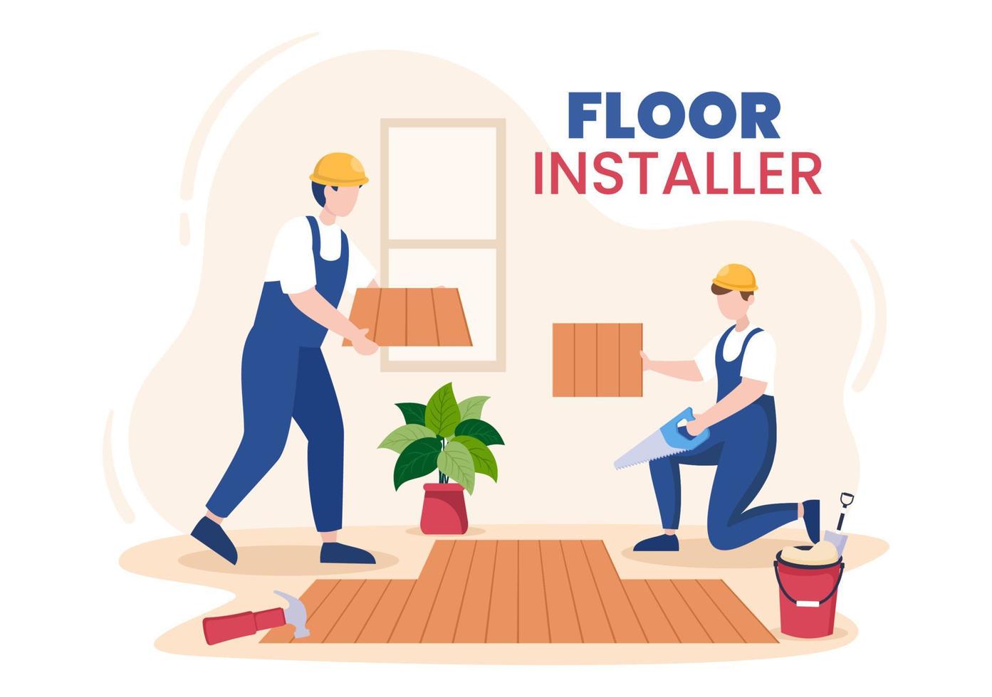 illustration de dessin animé d'installation de sol avec réparateur, pose de parquet professionnel, de parquet ou de carrelage dans la conception de rénovation de sol de maison vecteur