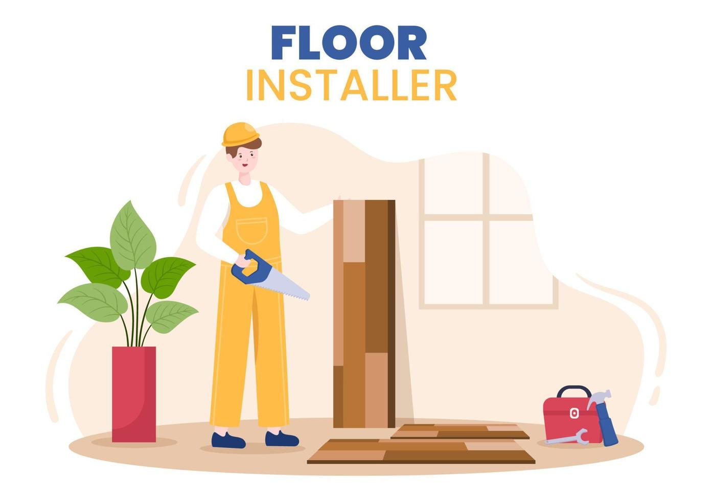 illustration de dessin animé d'installation de sol avec réparateur, pose de parquet professionnel, de parquet ou de carrelage dans la conception de rénovation de sol de maison vecteur