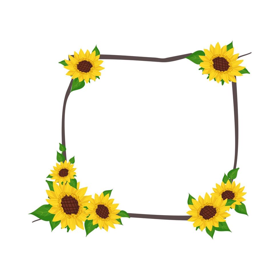 couronne de tournesol jaune avec des feuilles vertes. cadre carré, jolies fleurs lumineuses aux coeurs sombres. décorations festives pour mariage, vacances, carte postale, affiche et design. illustration vectorielle plate vecteur