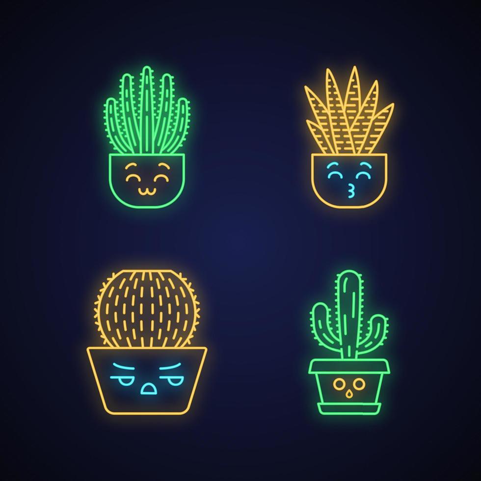 cactus mignons personnages de néon kawaii. plantes aux visages souriants. embrasser le cactus zèbre. emoji drôle, ensemble d'émoticônes. icônes lumineuses avec alphabet, chiffres, symboles. illustration vectorielle isolée vecteur