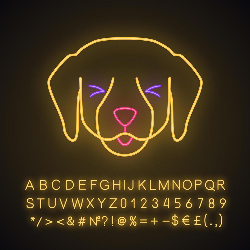 Labrador mignon personnage de néon kawaii. chien avec museau souriant. animal heureux avec des yeux plissés. emoji drôle, émoticône. icône rougeoyante avec alphabet, chiffres, symboles. illustration vectorielle isolée vecteur
