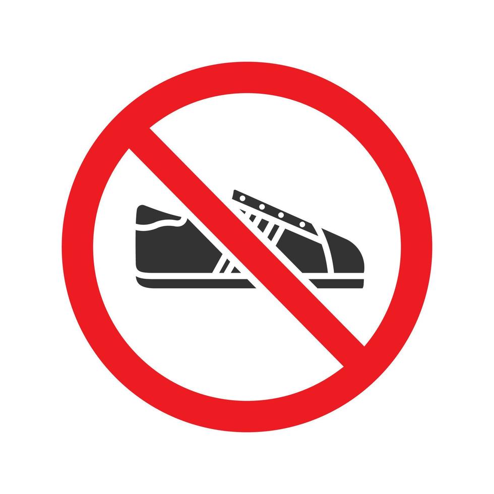 signe interdit avec l'icône de glyphe de sneaker. arrêtez le symbole de la silhouette. pas d'interdiction de chaussures. espace négatif. illustration vectorielle isolée vecteur