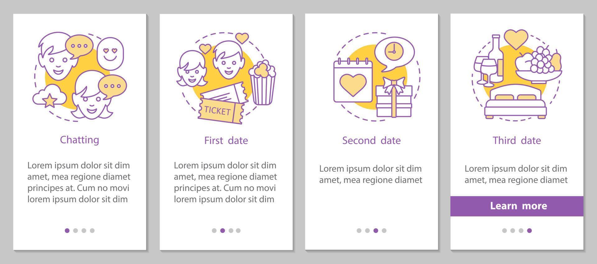 écran de page d'application mobile d'intégration de rencontres en ligne avec des concepts linéaires. étapes de développement des relations amoureuses instructions graphiques. ux, ui, modèle vectoriel gui avec illustrations